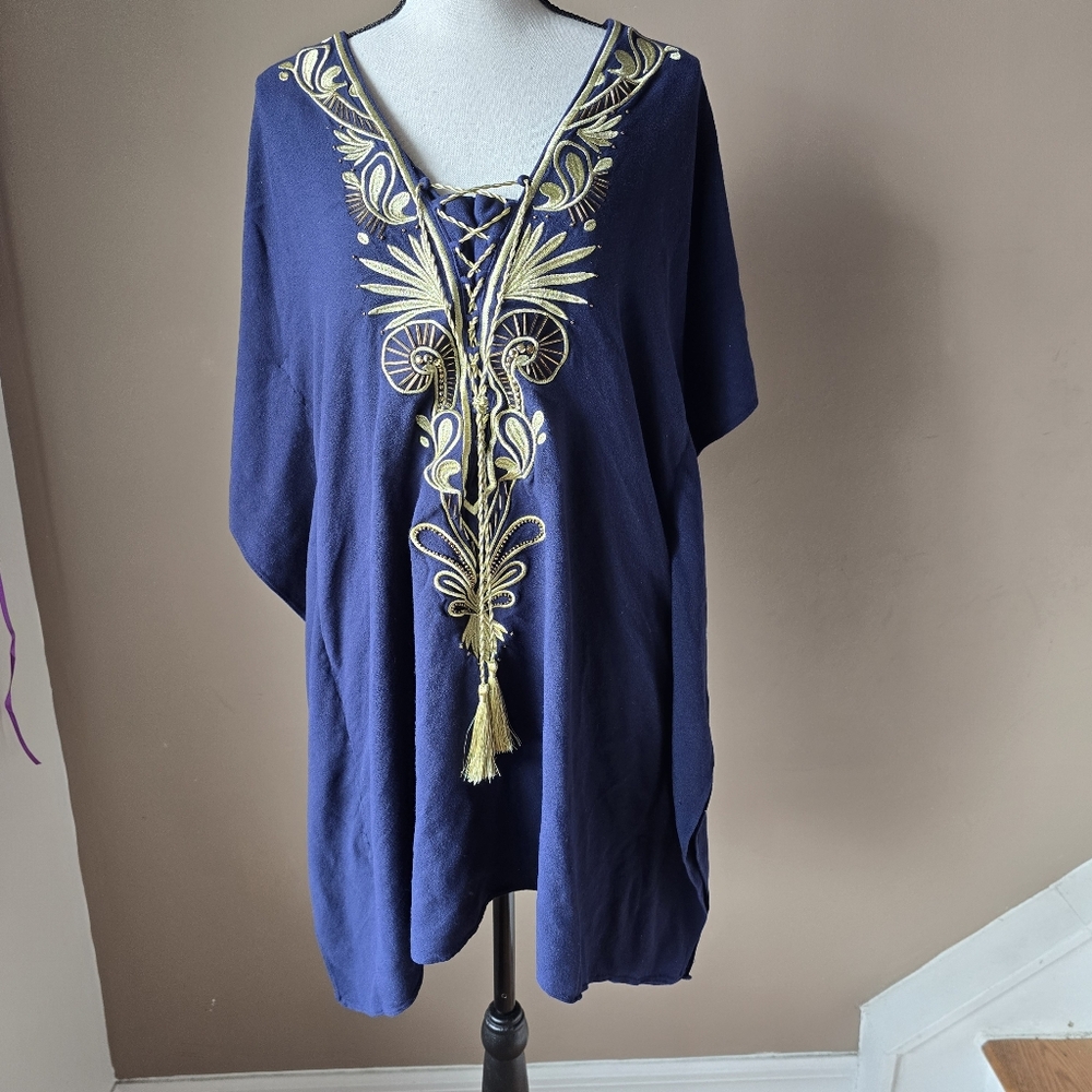 Lilly Pulitzer Chai Kaftan Dress True Navy Blue Gold Embroidery Size S/M